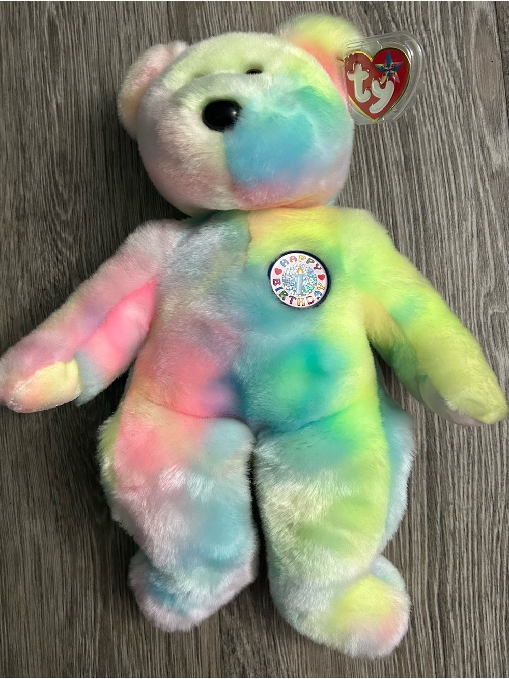 Ty Plush Bear Rainbow Pastel Multicolor - Happy Birthday Badge